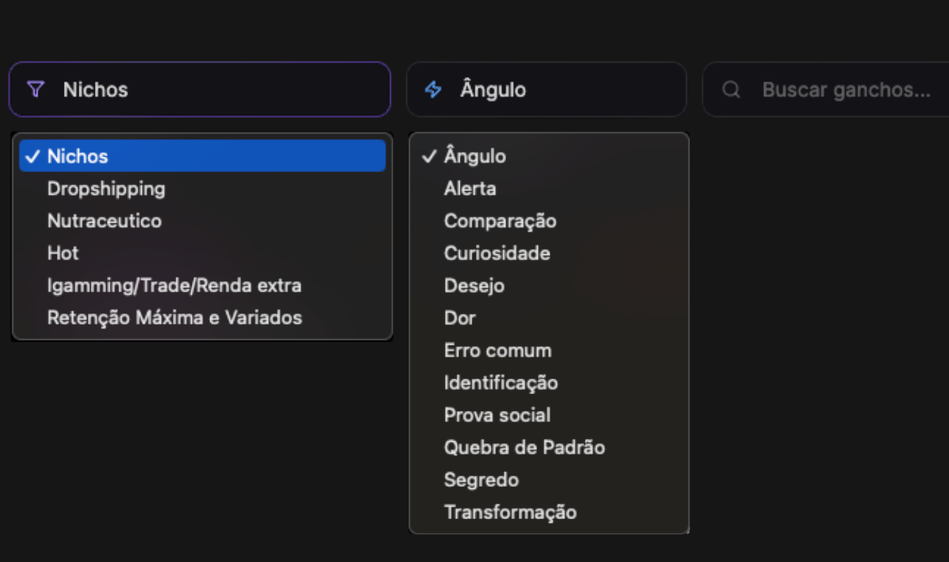 Filtros reais da HooksLab por nicho e ângulo, incluindo curiosidade, desejo, dor e prova social